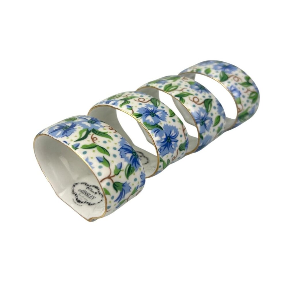 Two's Company Ainsley Chintz Blue Floral Ceramic Porcelain Napkin Rings Set of 4